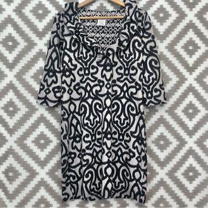Gretchen Scott Black Gray Ruffle Neckline Arabesque Patterned Dress